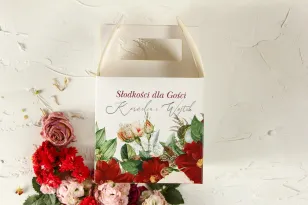 Pudełko na Ciasto Weselne z bordowymi daliami i pastelowymi różami