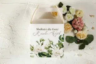 Zielone Pudełko na Ciasto Weselne z białymi różami i delikatnymi zielonymi gałązkami