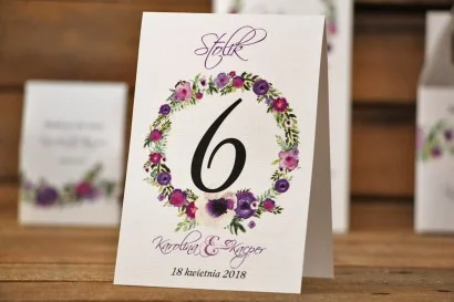 Numery stolików, stół weselny - Akwarele nr 11 - Fioletowe kwiaty