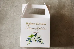 Schachtel für Hochzeitstorte mit Vergoldung, mit weißen Anemonen, Granatapfel und grün. Goldene Hochzeitstorte Box