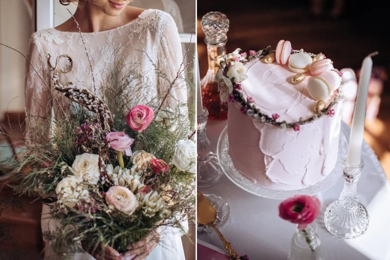 Różowe Pudełka na Ciasto weselne z białymi piwoniami i różami