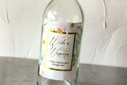 Etykiety na butelki weselne ze złoceniem - Flores nr 1
