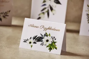 Hochzeitsvignetten, Visitenkarten für die Hochzeitstafel mit Vergoldung, mit weißen Anemonen, Granatapfel und grün - Zikade Nr.