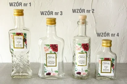 Butelki z etykietą w stylu glamour z piwoniami i daliami | prezenty dla gości weselnych glamour | Flores nr 2