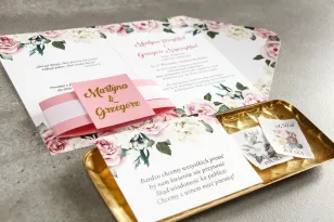 Rosa Glamour-Hochzeitseinladungen mit Rosen und weißen Pfingstrosen