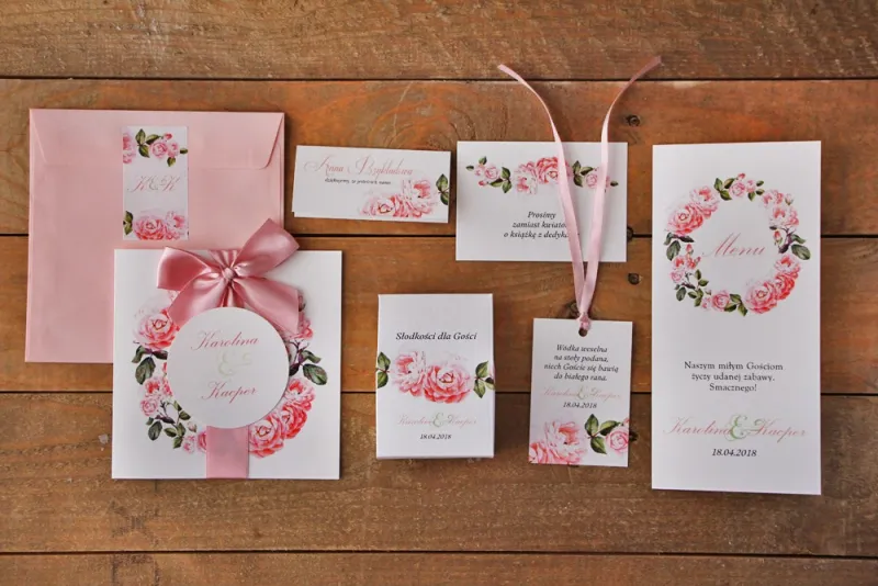 Zestaw próbny zaproszeń ślubnych w kolorowej kopercie wraz z dodatkami oraz upominkami dla gości weselnych - Akwarele nr 19