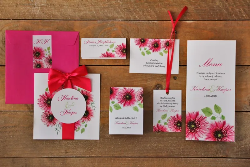 Zestaw próbny zaproszeń ślubnych w kolorowej kopercie wraz z dodatkami oraz upominkami dla gości weselnych - Akwarele nr 20