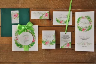 Zestaw próbny zaproszeń ślubnych w kolorowej kopercie wraz z dodatkami oraz upominkami dla gości weselnych - Akwarele nr 22