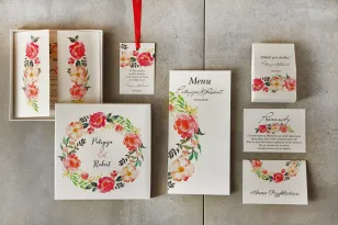 Lachsfarbenes Probierset für Hochzeitseinladungen mit Pfingstrosenblüten