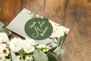 Podziękowania dla gości weselnych w formie nasion - Grafika w stylu glamour z białymi piwoniami i zielonymi gałązkami