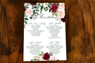Blumenplan von Hochzeitstischen mit burgunderroten und burgunderfarbenen Pfingstrosen und Dahlien, mit dem Zusatz von rosa