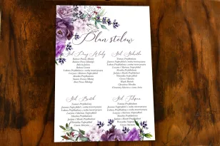 Blumenplan von Hochzeitstischen, das Lavendelmotiv wurde in Kombination mit einem lila Strauß verwendet