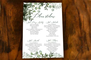 Blumenplan von Hochzeitstischen mit Eukalyptus und Schleierkraut. Der Plan bezieht sich auf das Thema Grün