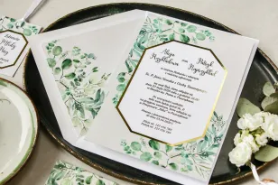 Botanische Hochzeitseinladungen mit Eukalyptus und vergoldetem Rahmen