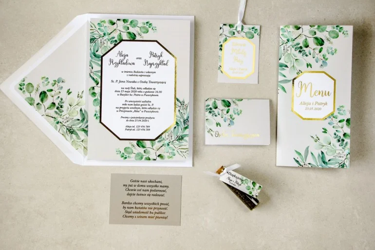 Botaniczne Zaproszenia Weselne z eukaliptusem i złotą ramką | Eleganckie zaproszenia na wesele