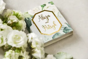 Danke an die Hochzeitsgäste in Form von Milchschokolade, Deckblatt mit vergoldetem Rahmen und Aufschriften - Lotus No. 4