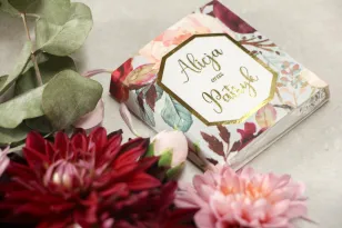 Danke an die Hochzeitsgäste in Form von Milchschokolade, Deckblatt mit vergoldetem Rahmen und Aufschriften - Lotus No. 5