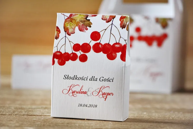 Pudełeczko stojące na cukierki, podziękowania dla Gości weselnych - Akwarele nr 12 - Jesienna jarzębina Pudełeczko stojące na cukierki, podziękowania dla Gości weselnych - Akwarele nr 12 - Jesienna jarzębina
