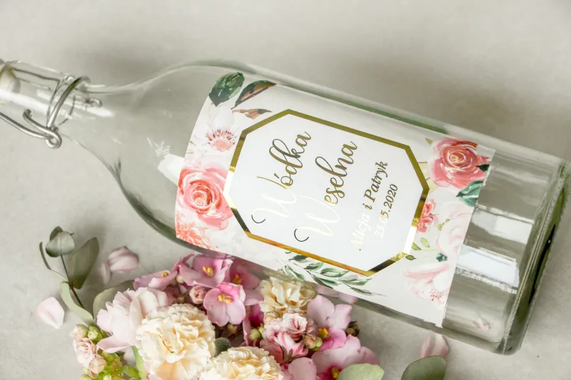 Etykiety samoprzylepne na butelki weselne na alkohol ze złoconą ramką i napisami - Lotus nr 1