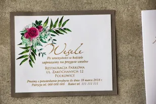 Bilecik dwuwarstwowy prezenty ślubne wesele - Cykade nr 4 ze złoceniem - Kwiaty róży w odcieniach fuksji