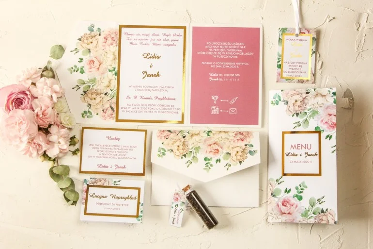 Zaproszenia Ślubne | Ze złoceniem z różowymi piwoniami | Avril nr 3