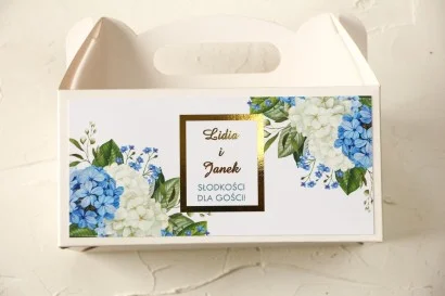 Pudełko na ciasto weselne z niebieską i białą hortensją | Avril nr 1 - prostokątne