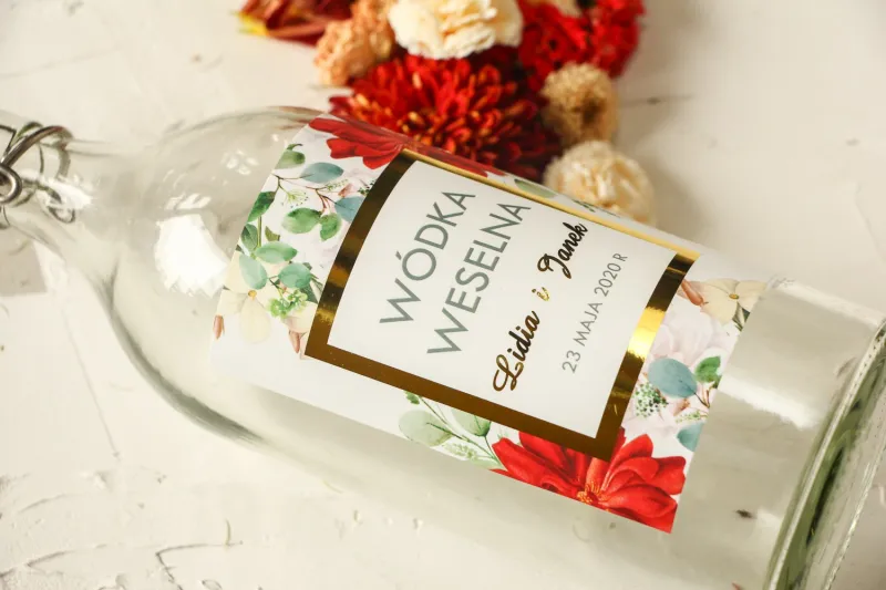 Złocone Etykiety samoprzylepne na butelki na alkohol z bordowymi i białymi różami