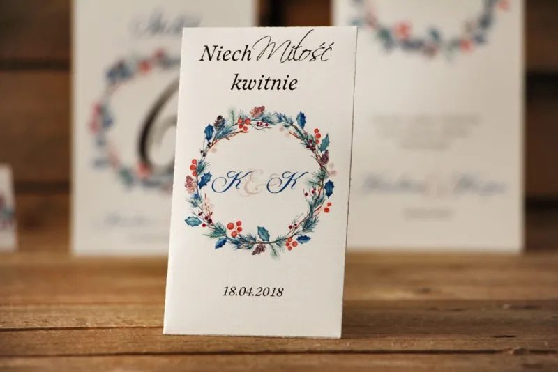 Podziękowania dla Gości weselnych - nasiona Niezapominajki - Akwarele nr 15 - Zimowe gałązki z ostrokrzewem Podziękowania dla Gości weselnych - nasiona Niezapominajki - Akwarele nr 15 - Zimowe gałązki z ostrokrzewem