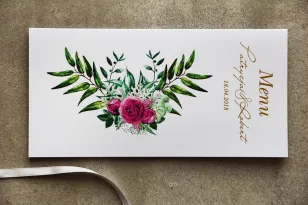 Hochzeitsmenü mit Vergoldung, grüner Komposition aus Zweigen und Rosenblüten. Goldene Hochzeit Menü - Zikade Nr. 4