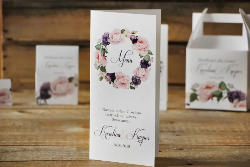Menu weselne, stół weselny - Akwarele nr 16 - Róże w pastelowych odcieniach fioletu i różu