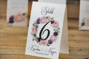 Numery stolików, stół weselny, ślub - Akwarele nr 16 - Pudrowe i fioletowe róże