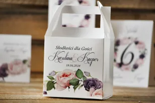 Schachtel für quadratische Torte, Hochzeitstorte - Aquarelle Nr. 16 - Pastellrosen mit Violett