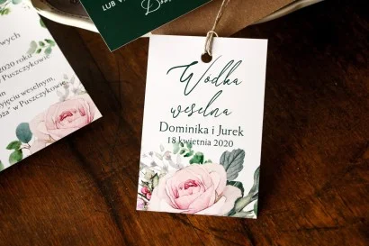 Zawieszki na Butelki z różami i eukaliptusem | Personalizowane etykiety na Wódkę Weselną