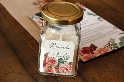 Świeczki Zapachowe w Szkle z Etykietą – różowe kwiaty, gałązki | Upominki dla Gości Weselnych