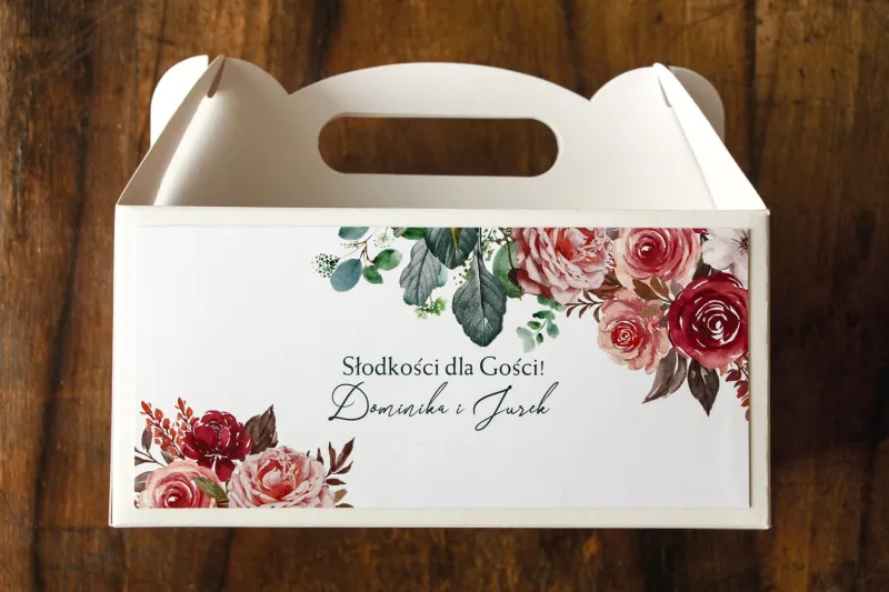 Ślubne Pudełko na Ciasto (prostokątne) z różowym bukietem i zielonymi gałązkami