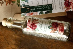 Hochzeitstinkturflaschen als Dankeschön an die Gäste - Etikett mit rosa Blumenstrauß und grünen Zweigen
