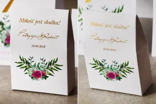 Hochzeitsbox für Süßigkeiten für Hochzeitsgäste mit Vergoldung, grüne Komposition aus Zweigen und Rosenblüten - Zikade Nr. 4