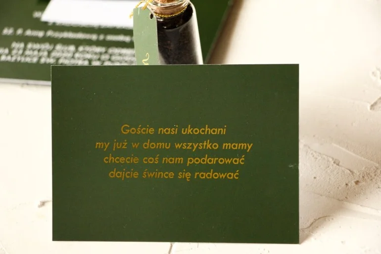 Zielony Bilecik ze złoceniem do zaproszeń ślubnych - Emerald nr 3