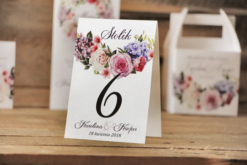 Numery stolików, stół weselny, ślub - Akwarele nr 17 - Pastelowe kwiaty róży, bzu