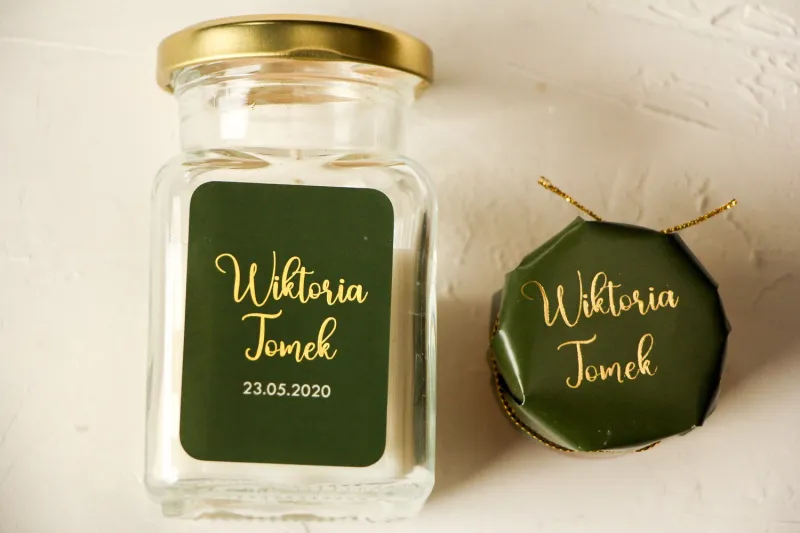 Świeczki Ślubne ze złoconą etykietą w kolorze butelkowej zieleni - Podziękowania dla Gości