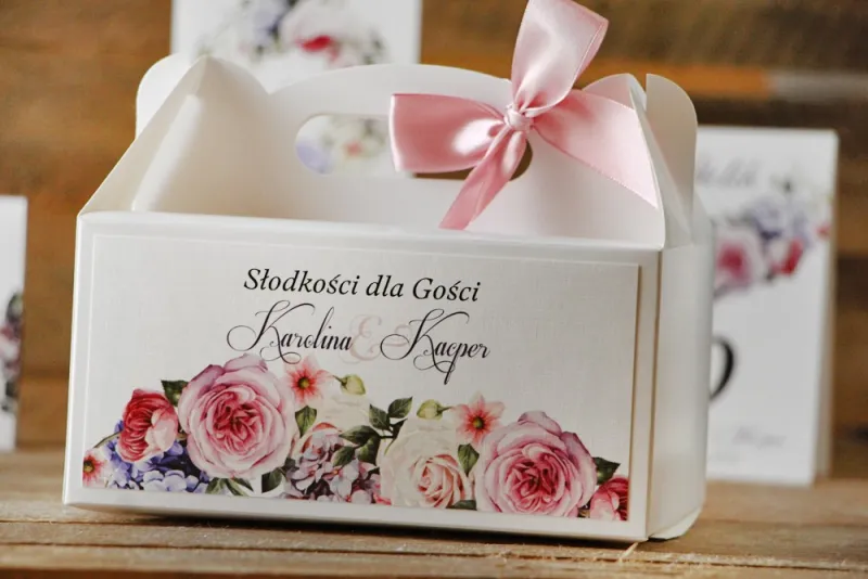 Prostokątne pudełko na ciasto, tort weselny, ślub - Akwarele nr 17 - Pastelowe kwiaty