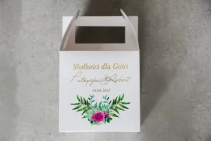 Pudełko na ciasto kwadratowe, tort weselny - Cykade nr 4 ze złoceniem - Róże w odcieniach fuksji