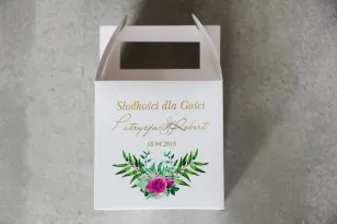 Schachtel für quadratische Torte, Hochzeitstorte - Zikade Nr. 4 mit Vergoldung - Rosen in Fuchsiatönen