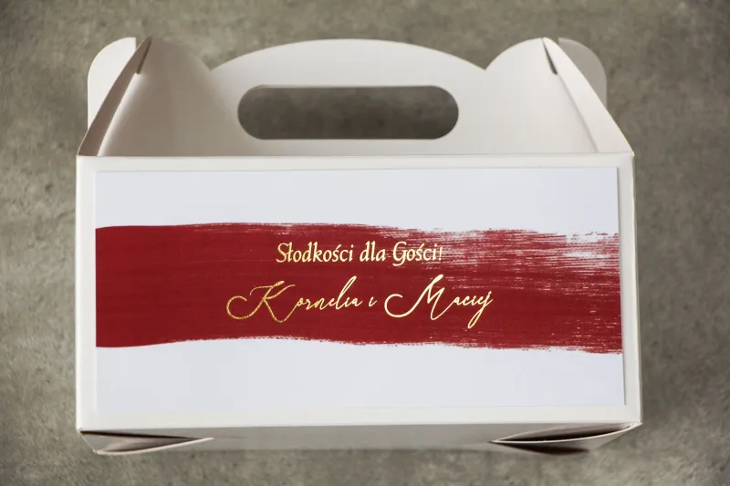 Ślubne Pudełko na Ciasto weselne (prostokątne) z bordową akwarelową grafiką ze złotym napisem