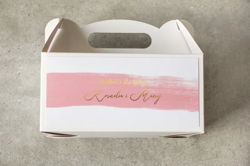 Ślubne Pudełko na Ciasto weselne (prostokątne) z różową akwarelową grafiką ze złotym napisem