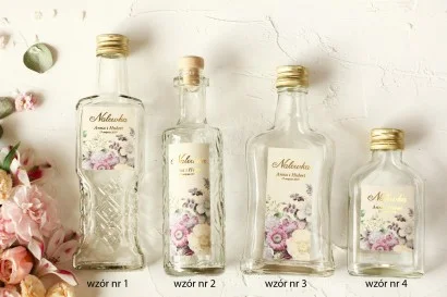 Butelki na nalewki ze złoceniem | Elegancki styl vintage z różowymi kwiatami | Szafirowe nr 1