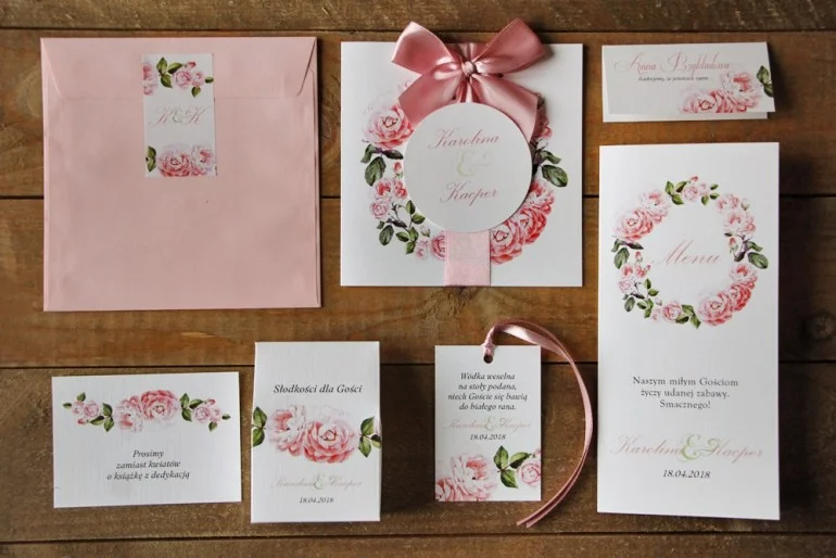 Eleganckie Zaproszenia Ślubne z Różami i Kokardą | Oryginalne Nowoczesne Zaproszenia