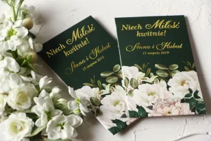 Hochzeitssamen - Dank an die Gäste vergoldete Verpackung mit einem eleganten Strauß aus weißen Rosen und Pfingstrosen