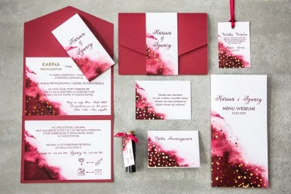 Burgundowe Zaproszenia ze Złotymi Kropeczkami, Składane w Eleganckim Folderze | Ślubne Zaproszenia Glamour | Bakarto nr 2