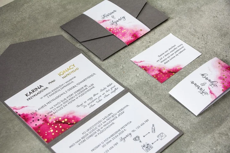 Eleganckie Ślubne Zaproszenia z Różowymi Akcentami Akwareli oraz złoceniami | Zaproszenia w Folderze